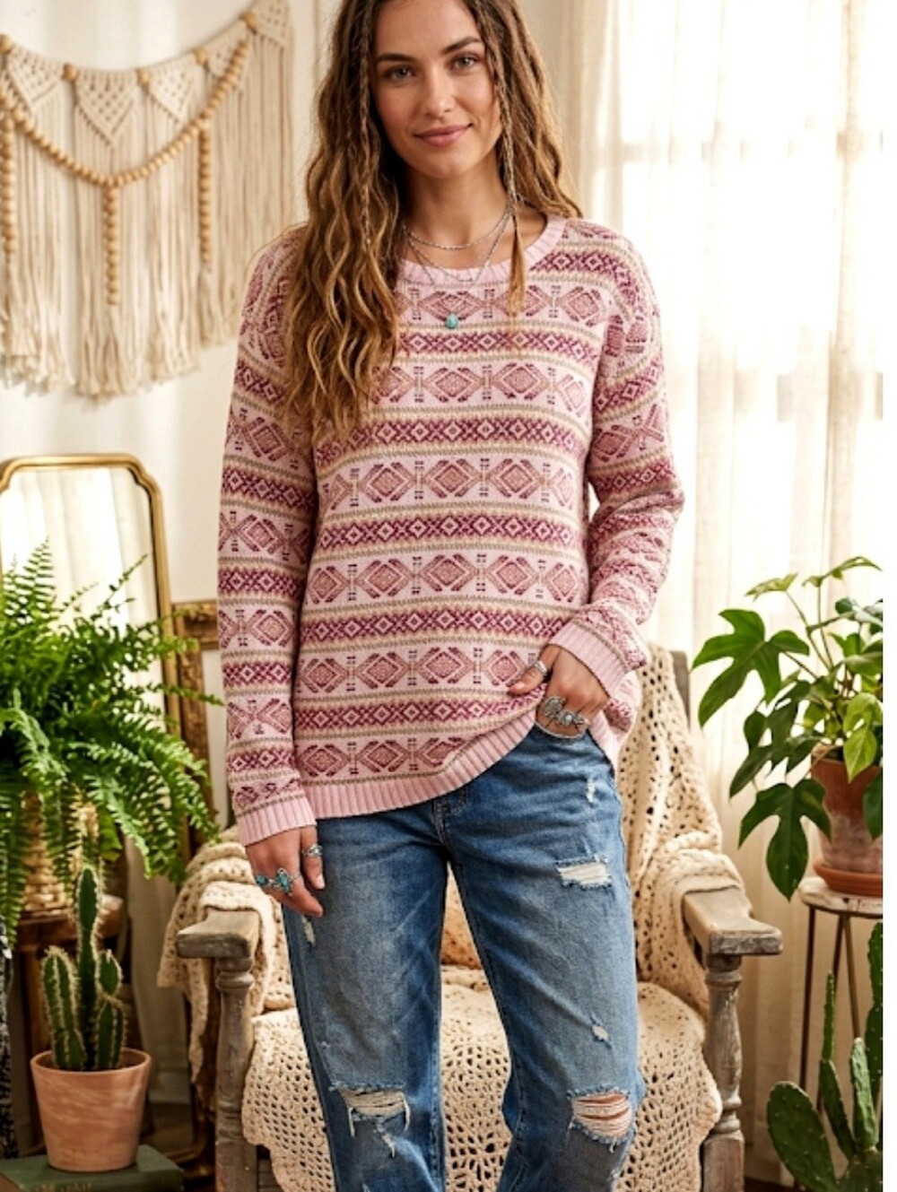 L.L. Bean Fair Isle Pattern Sweater Pink & Maroon Vintage Size Large